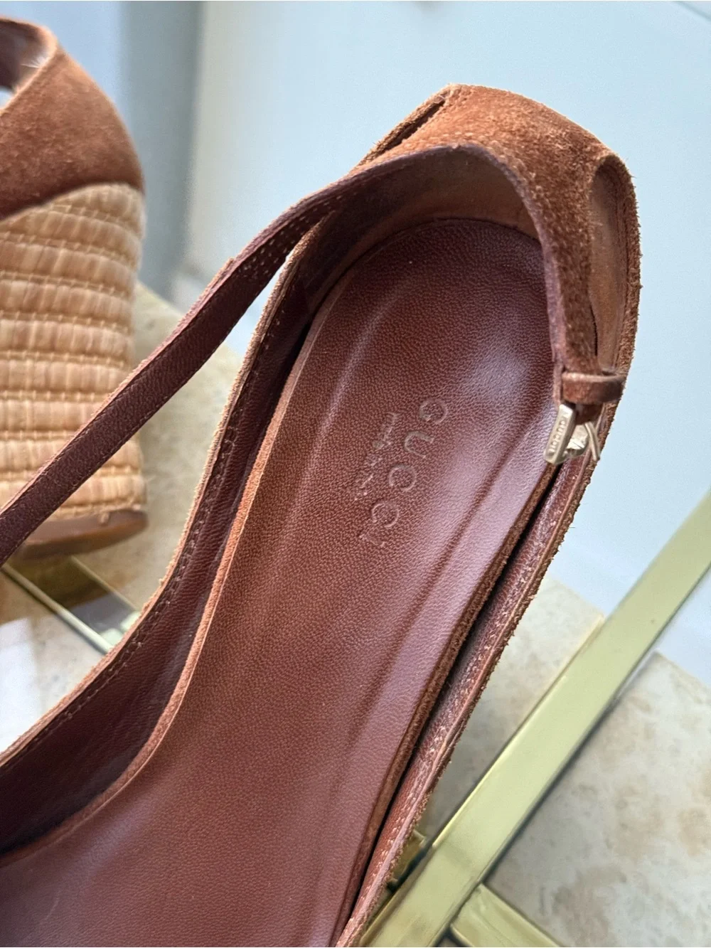 Gucci Brown Suede Peep-Toe Wedge Sandals with Gold US 7.5